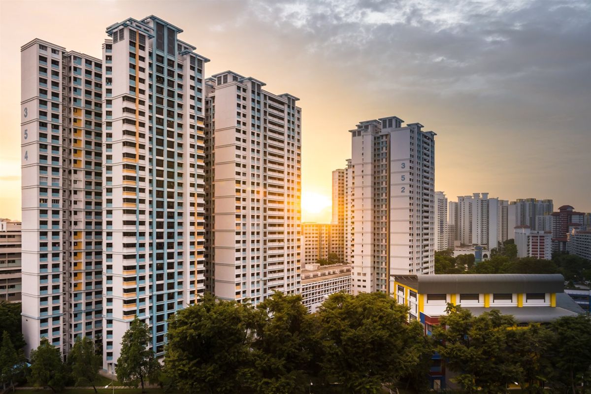 Modern residential towers at sunset